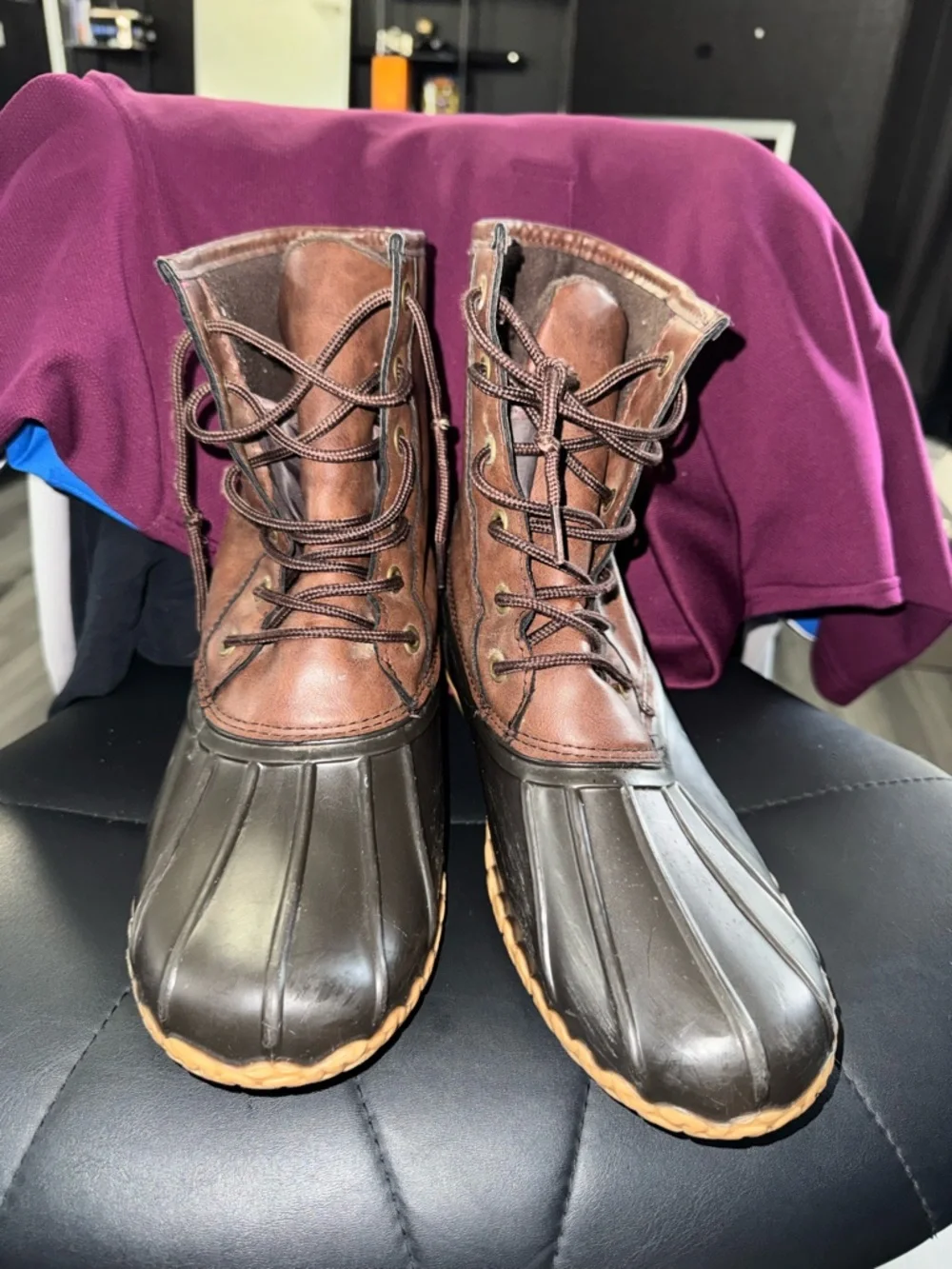 Men's Brown Leather and Black Duck Boots - Lace-Up Weatherproof Style